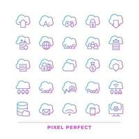 Cloud computing pixel perfect gradient linear vector icons set. Online resources for data storage. Virtual server. Thin line contour symbol designs bundle. Isolated outline illustrations collection