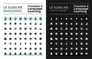 Translator glyph ui icons set for dark, light mode. Language learning. Silhouette symbols for night, day themes. Solid pictograms. Vector isolated illustrations