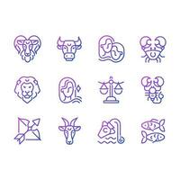 Astrological signs pixel perfect gradient linear vector icons set. Twelve zodiac elements. Birth constellations. Thin line contour symbol designs bundle. Isolated outline illustrations collection