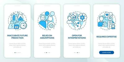 Economic indicators disadvantages blue onboarding mobile app screen. Walkthrough 4 steps editable graphic instructions with linear concepts. UI, UX, GUI template vector