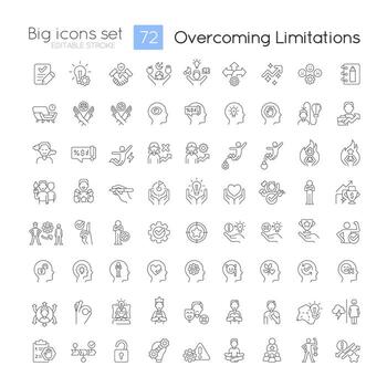 Overcoming limitations linear big icons set. Personal development. Change mindset. Customizable thin line symbols. Isolated vector outline illustrations. Editable stroke used
