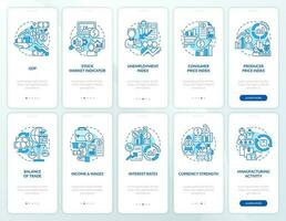 Economic factors blue onboarding mobile app screens set. Walkthrough 5 steps editable graphic instructions with linear concepts. UI, UX, GUI template vector