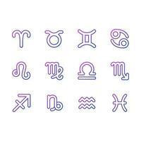 Twelve zodiac signs of western astrology pixel perfect gradient linear vector icons set. Horoscope forecast. Thin line contour symbol designs bundle. Isolated outline illustrations collection