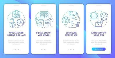 Develop website with CMS blue gradient onboarding mobile app screen. Walkthrough 4 steps graphic instructions with linear concepts. UI, UX, GUI template vector