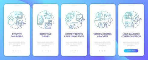 Content management system benefits blue gradient onboarding mobile app screen. Walkthrough 5 steps graphic instructions with linear concepts. UI, UX, GUI template vector