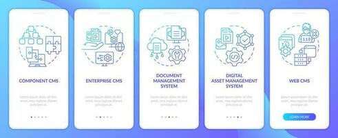 cms tipos azul degradado inducción móvil aplicación pantalla. digital plataformas recorrido 5 5 pasos gráfico instrucciones con lineal conceptos. ui, ux, gui modelo vector