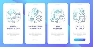 Website data migration blue gradient onboarding mobile app screen. Walkthrough 4 steps graphic instructions with linear concepts. UI, UX, GUI template vector