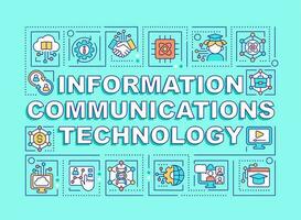 Information communication technology word concepts mint green banner. Infographics with editable icons on color background. Isolated typography. Vector illustration with text