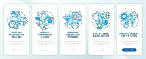 ICT benefits in education blue onboarding mobile app screen. Studying walkthrough 5 steps editable graphic instructions with linear concepts. UI, UX, GUI template vector