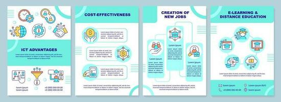 ICT advantages mint green brochure template. Leaflet design with linear icons. Editable 4 vector layouts for presentation, annual reports