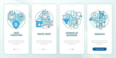 Information technology trends blue onboarding mobile app screen. Walkthrough 4 steps editable graphic instructions with linear concepts. UI, UX, GUI template vector