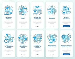 ICT in education industry blue onboarding mobile app screens set. Walkthrough 5 steps editable graphic instructions with linear concepts. UI, UX, GUI template vector