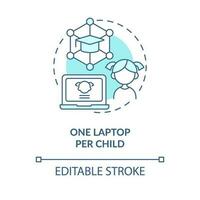One laptop per child turquoise concept icon. Educational application of ICT abstract idea thin line illustration. Isolated outline drawing. Editable stroke vector