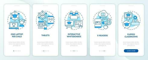 ICT educational applications blue onboarding mobile app screen. Data walkthrough 5 steps editable graphic instructions with linear concepts. UI, UX, GUI template vector