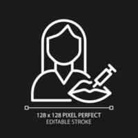 Cosmetic services pixel perfect white linear icon for dark theme. Aesthetic medicine service. Lip injection to add volume. Thin line illustration. Isolated symbol for night mode. Editable stroke vector