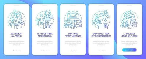 Peaceful teen parenting tips blue gradient onboarding mobile app screen. Family walkthrough 5 steps graphic instructions with linear concepts. UI, UX, GUI template vector