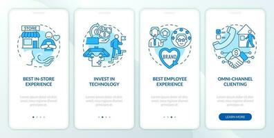 Retail tendencies blue onboarding mobile app screen. Business owner walkthrough 4 steps editable graphic instructions with linear concepts. UI, UX, GUI template vector