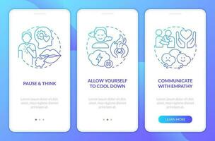 Resolve conflicts with teen blue gradient onboarding mobile app screen. Family walkthrough 3 steps graphic instructions with linear concepts. UI, UX, GUI template vector