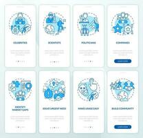 Trend setters blue onboarding mobile app screen set. Marketing strategy walkthrough 4 steps editable graphic instructions with linear concepts. UI, UX template vector