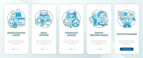 Trendspotting steps blue onboarding mobile app screen. New trend walkthrough 5 steps editable graphic instructions with linear concepts. UI, UX, GUI template vector