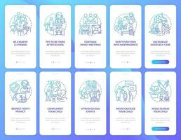 Teen parenting and self esteem blue gradient onboarding mobile app screens set. Walkthrough 5 steps graphic instructions with linear concepts. UI, UX, GUI template vector