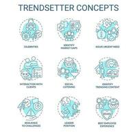 Trendsetter turquoise concept icons set. Social media. New approach. Predictive analytics. Marketing strategy. Trend setter idea thin line color illustrations. Isolated symbols. Editable stroke vector