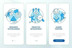 Company trendsetter advantages blue onboarding mobile app screen. Walkthrough 3 steps editable graphic instructions with linear concepts. UI, UX, GUI template vector