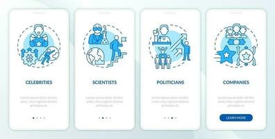 Trend setters blue onboarding mobile app screen. Public relation walkthrough 4 steps editable graphic instructions with linear concepts. UI, UX, GUI template vector