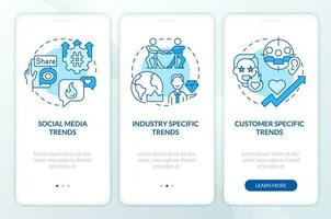 Trends categories blue onboarding mobile app screen. Business strategy walkthrough 3 steps editable graphic instructions with linear concepts. UI, UX, GUI template vector