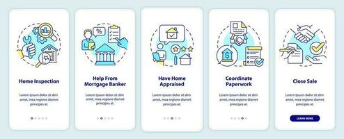 First time homebuyer onboarding mobile app screen. New property walkthrough 5 steps editable graphic instructions with linear concepts. UI, UX, GUI template vector