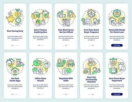 Ready to buy home onboarding mobile app screen set. Buyer tips walkthrough 5 steps editable graphic instructions with linear concepts. UI, UX, GUI template vector