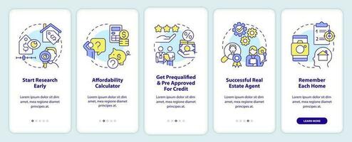 Homebuying process onboarding mobile app screen. Buy new house walkthrough 5 steps editable graphic instructions with linear concepts. UI, UX, GUI template vector