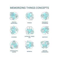 Memorizing things tips concept turquoise icons set. Enhance memory skills idea thin line color illustrations. Isolated symbols. Editable stroke vector