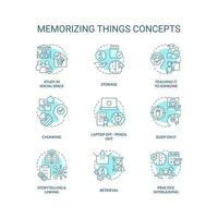 Memorizing things tips concept turquoise icons set. Enhance memory skills idea thin line color illustrations. Isolated symbols. Editable stroke vector