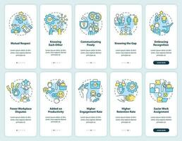 Good employee employer relationship onboarding mobile app screen set. Walkthrough 5 steps editable graphic instructions with linear concepts. UI, UX, GUI template vector