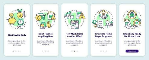 Buying house checklist onboarding mobile app screen. Homeownership walkthrough 5 steps editable graphic instructions with linear concepts. UI, UX, GUI template vector