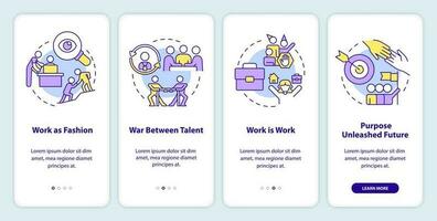 Worker-employer relations development onboarding mobile app screen. Walkthrough 4 steps editable graphic instructions with linear concepts. UI, UX, GUI template vector