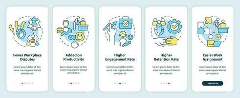 Good employer employee relations pros onboarding mobile app screen. Walkthrough 5 steps editable graphic instructions with linear concepts. UI, UX, GUI template vector