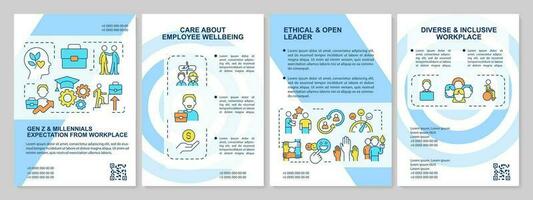 Millennials requirements from workplace blue brochure template. Leaflet design with linear icons. Editable 4 vector layouts for presentation, annual reports