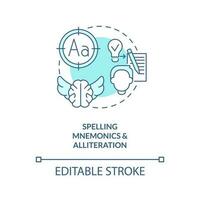 Spell mnemonics, alliteration concept turquoise icon. Verbal memory. Brain exercise abstract idea thin line illustration. Isolated outline drawing. Editable stroke vector