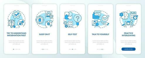 Easy memorizing tricks blue onboarding mobile app screen. Learning new walkthrough 5 steps editable graphic instructions with linear concepts. UI, UX, GUI template vector