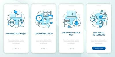 Memorizing tricks blue onboarding mobile app screen. Verbal memory walkthrough 4 steps editable graphic instructions with linear concepts. UI, UX, GUI template vector