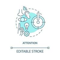 Pay attention on ideas concept turquoise icon. Focus on. Brain memorization stages abstract idea thin line illustration. Isolated outline drawing. Editable stroke vector