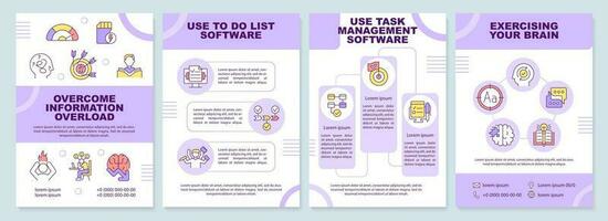 Overcome information overload purple brochure template. Leaflet design with linear icons. Editable 4 vector layouts for presentation, annual reports