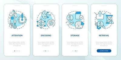 Memorizing information stages blue onboarding mobile app screen. Brain walkthrough 4 steps editable graphic instructions with linear concepts. UI, UX, GUI template vector