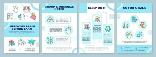 Improving brain before exam turquoise brochure template. Leaflet design with linear icons. Editable 4 vector layouts for presentation, annual reports