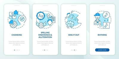 Verbal memorization tricks blue onboarding mobile app screen. Memory walkthrough 4 steps editable graphic instructions with linear concepts. UI, UX, GUI template vector