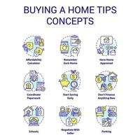 Buying home tips concept icons set. Real estate. First time house buyer recommendations idea thin line color illustrations. Isolated symbols. Editable stroke vector