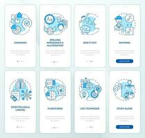 Verbal memorizing strategies blue onboarding mobile app screen set. Walkthrough 4 steps editable graphic instructions with linear concepts. UI, UX, GUI template vector