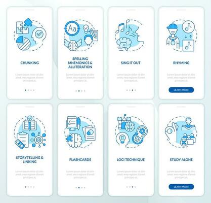 Verbal memorizing strategies blue onboarding mobile app screen set. Walkthrough 4 steps editable graphic instructions with linear concepts. UI, UX, GUI template